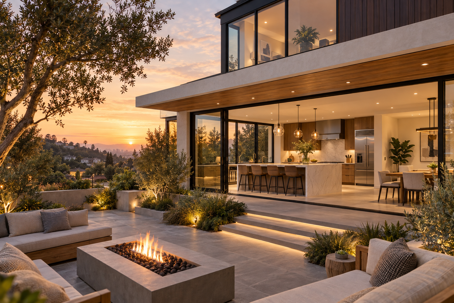 Conceptual modern home remodeling visualization with an indoor-outdoor kitchen and patio at sunset